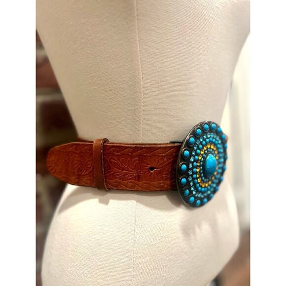 Vintage Olga Santini Tooled leather belt with Rhinestone metal Buckle - Picture 2 of 5
